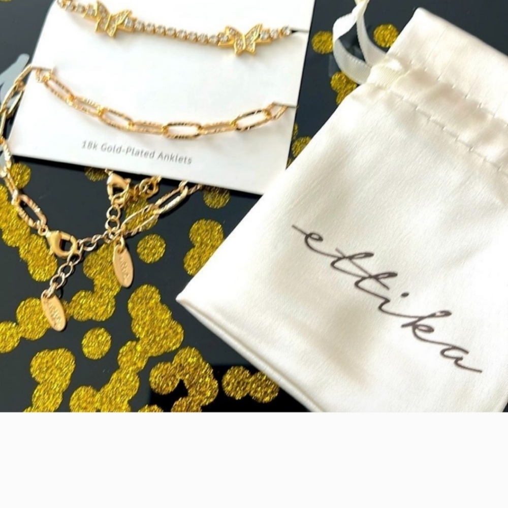 ETTIKA(Revolve),Butterfly & Chain Link Anklets Pair,Clear Stone, 18k Gold Plated - Picture 3 of 8